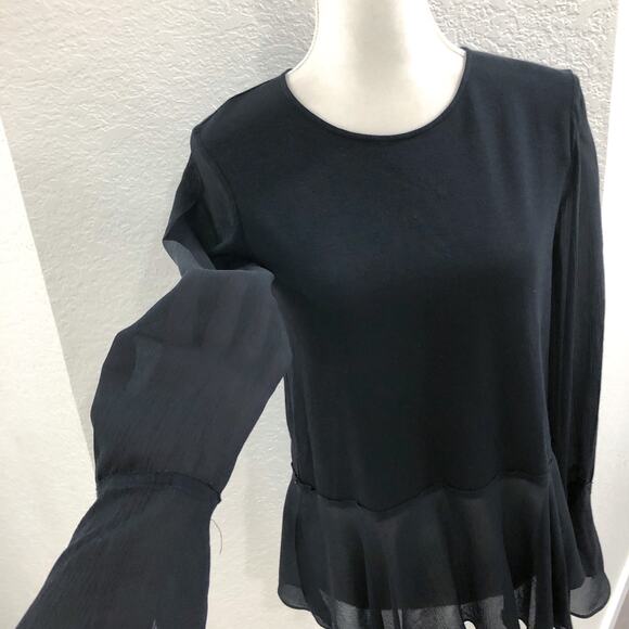 Theory Lexanda C Idol Black Bell-Sleeve Peplum Blouse Top - Picture 4 of 11